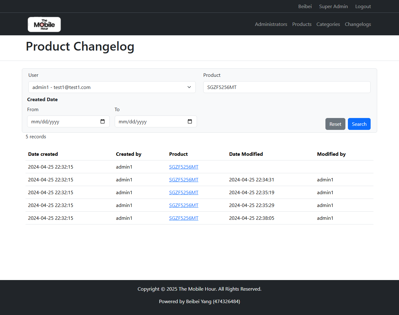 The Mobile Hour - Changelog page (admin panel)